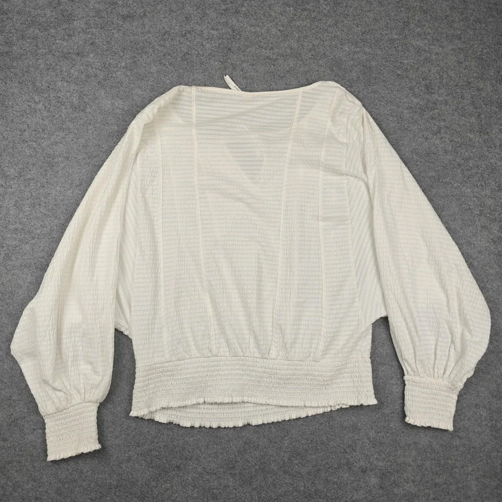 Anthropologie Blouse Womens XL White‎ Textured Stripe Dolman Sleeve Smocked Hem